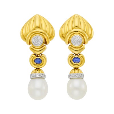 Lot 24 - Pair of Two-Color Gold, South Sea Cultured Pearl, Diamond and Cabochon Sapphire Pendant-Earclips