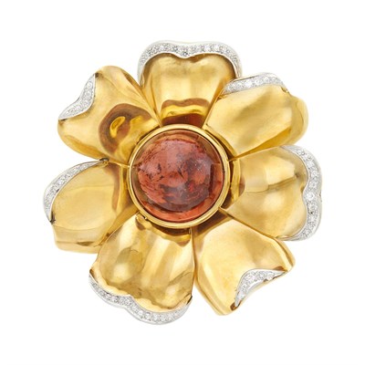 Lot 21 - Gold, Platinum, Cabochon Pink Tourmaline and Diamond Flower Clip-Brooch