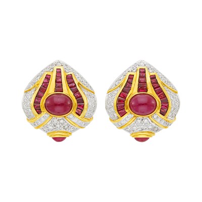 Lot 96 - Pair of Two-Color Gold, Ruby and Diamond Earclips