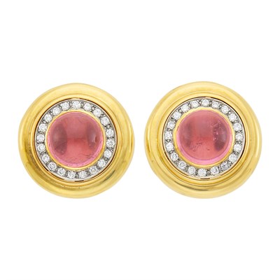 Lot 17 - Pair of Two-Color Gold, Cabochon Pink Tourmaline and Diamond Earclips