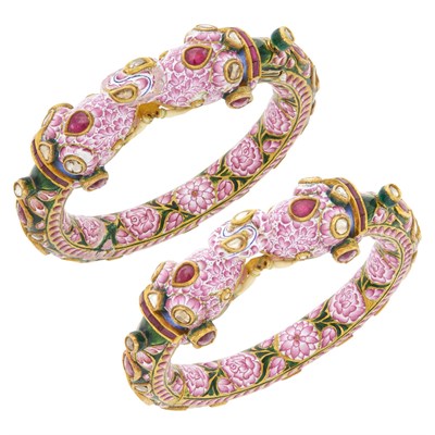 Lot 18 - Pair of Indian Gold, Enamel and Ruby and Diamond Elephant Bangle Bracelets