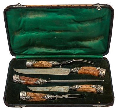 Lot 224 - Cased Sterling Silver Mounted Antler Five-Piece Carving Set