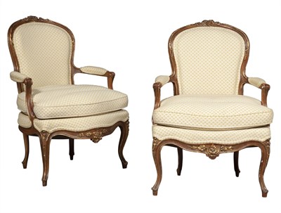 Lot 167 - Pair of Louis XV Style Upholstered Carved Wood Fauteuils