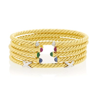 Lot 1030 - David Yurman Five Fluted Gold, Cabochon Colored Stone and Diamond Bangle Bracelets
