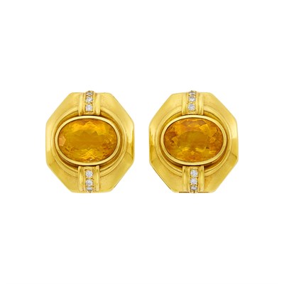 Lot 1010 - Pair of Gold, Citrine and Diamond Earclips