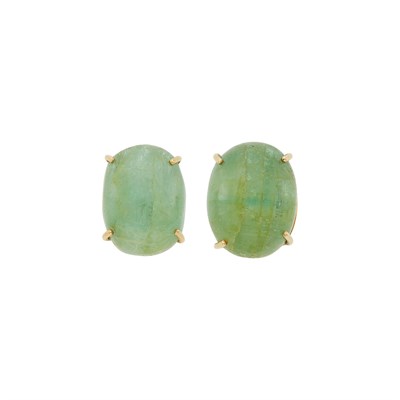 Lot 1058 - Seaman Schepps Pair of Gold and Cabochon Emerald Earclips