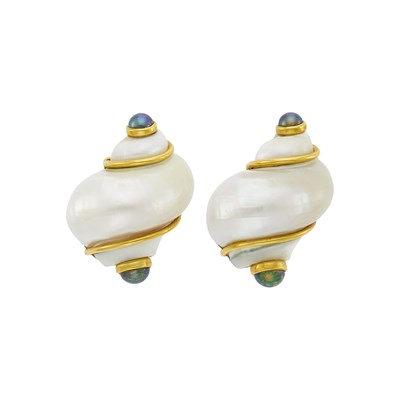 Lot 1037 - Seaman Schepps Pair of Gold, Shell and Black Cultured Pearl 'Turbo Shell' Earclips