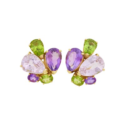 Lot 1016 - Pair of Gold, Kunzite, Amethyst and Peridot Cluster Earclips