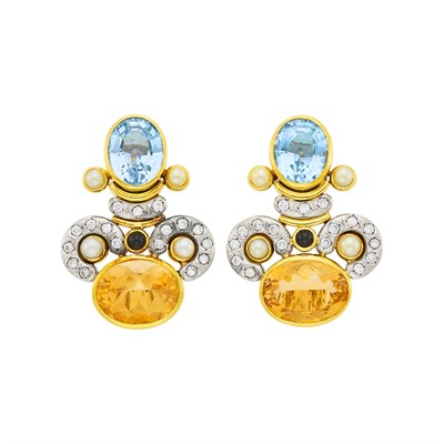 Lot 13 - Pair of Two-Color Gold, Colored Stone, Cultured Pearl, Black Onyx and Diamond Earclips