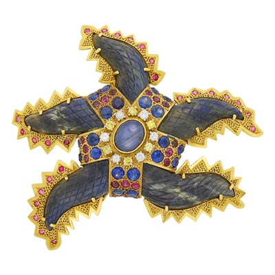 Lot 1054 - Gold, Carved Labradorite, Diamond, Colored Diamond and Gem-Set Starfish Clip-Brooch
