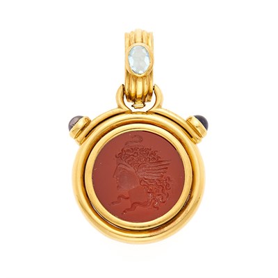 Lot 2048 - Gold, Carnelian and Reverse Citrine Medusa Intaglio, Cabochon Iolite and Blue Topaz Reversible Enhancer