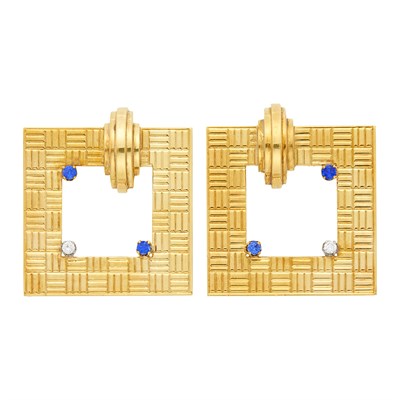Lot 1156 - Tiffany & Co. Pair of Gold, Sapphire and Diamond Clip-Brooches