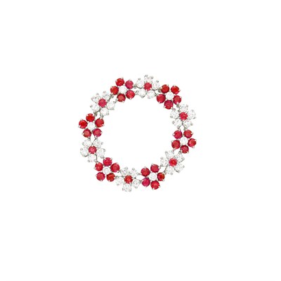 Lot 1131 - Attributed to Oscar Heyman and Brothers Platinum, Ruby and Diamond Floret Circle Brooch