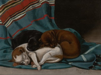 Lot 1073 - American School 19th Century Sleeping Puppies,...