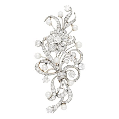 Lot 1115 - Edwardian Platinum, Gold, Diamond and Pearl Brooch