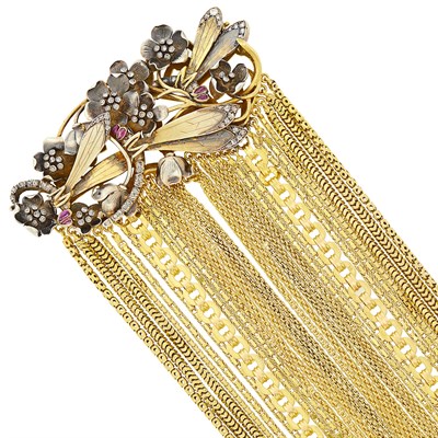 Lot 1068 - Multistrand Gold Bracelet with Antique Gold, Silver, Diamond and Ruby Dragonfly and Flower Clasp