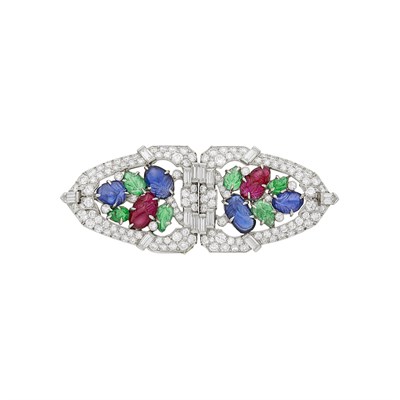 Lot 171 - Raymond Yard Platinum, Diamond and Gem-Set 'Tutti Frutti' Double Clip-Brooch