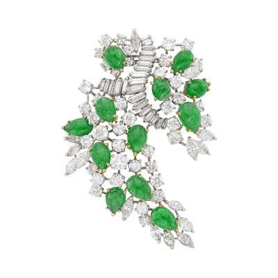 Lot 71 - Platinum, Gold, Cabochon Emerald and Diamond Cluster Clip-Brooch