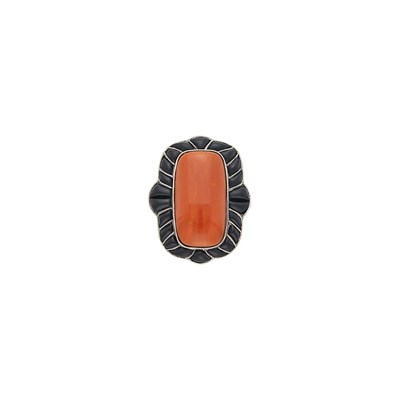 Lot 1093 - Platinum, Coral, Black Onyx and Diamond Ring