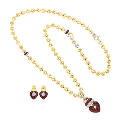 Lot 1149 - Nouvelle Bague Long Gold, Silver, Enamel and Diamond Chain Pendant-Necklace/Bracelet and Pair of Earrings