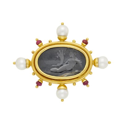 Lot 1039 - Elizabeth Locke Gold, Venetian Glass Intaglio, Black Onyx, Cultured Pearl and Ruby Bead Clip-Brooch