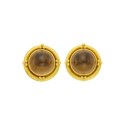 Lot 1126 - Elizabeth Locke Pair of Gold and Cabochon Smoky Quartz Earrings
