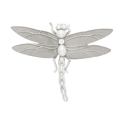 Lot 1078 - Tiffany & Co. White Gold, Freshwater Pearl and Diamond Dragonfly Clip-Brooch