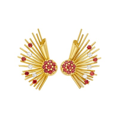 Lot 1132 - Pair of Gold, Ruby and Diamond Spray Earclips