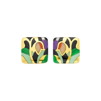 Lot 1040 - Asch Grossbardt Pair of Gold and Hardstone Tulip Earrings