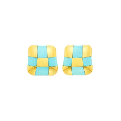 Lot 1001 - Angela Cummings Pair of Gold and Turquoise Checkerboard Earrings