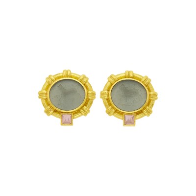 Lot 1046 - Elizabeth Locke Pair of Gold, Green Venetian Glass Intaglio, Mother-of-Pearl and Moonstone Earclips