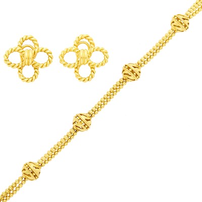 Lot 2023 - Paul Morelli Gold Bead Bracelet and D. Bouzan Pair of Clover Earclips