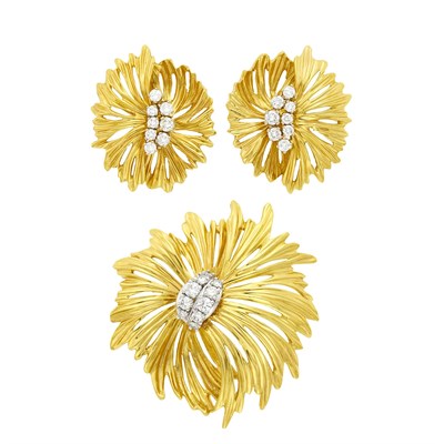 Lot 1165 - Gold and Diamond Flower Brooch and Pair of Earclips