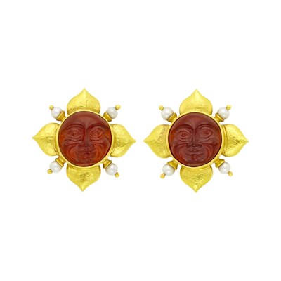 Lot 1048 - Elizabeth Locke Pair of Hammered Gold, Red Glass Cameo, Mother-of-Pearl and Cultured Pearl Earclips