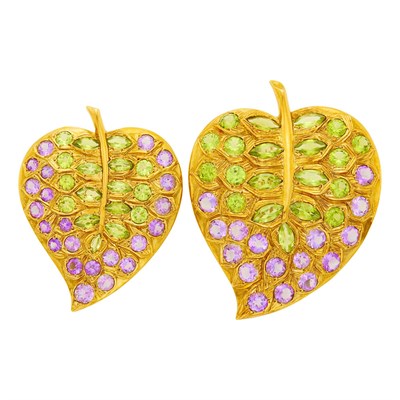 Lot 1017 - Pair of Gold, Peridot and Amethyst Leaf Clip-Brooches