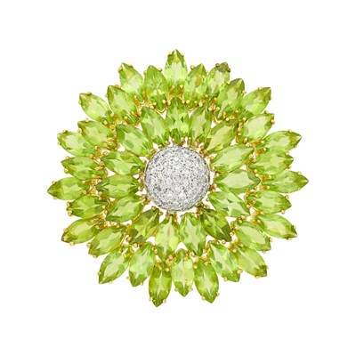 Lot 1022 - Two-Color Gold, Peridot and Diamond Flower Clip-Brooch