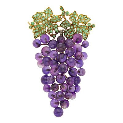 Lot 1059 - Gold, Silver, Emerald, Diamond and Amethyst Grapes Brooch