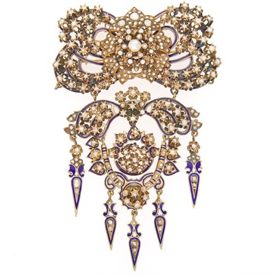 Lot 2078 - Low Karat Gold, Blue Enamel and Diamond Fringe Pendant Clip-Brooch