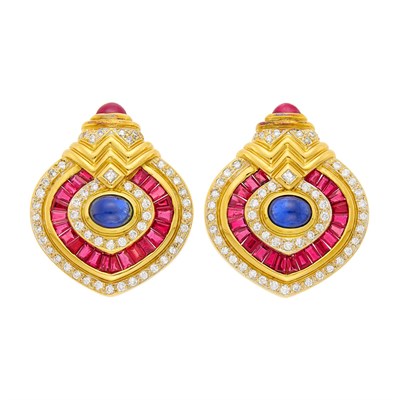Lot 1141 - Pair of Gold, Cabochon Sapphire, Ruby and Diamond Earclips