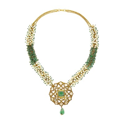 Lot 1055 - Indian Gold, Foil-Backed Emerald and Diamond, Emerald Bead, Freshwater Pearl and Jaipur Enamel Pendant-Necklace