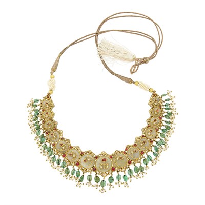 Lot 1057 - Indian Gold, Jaipur Enamel, Nephrite, Foil-Backed Ruby and Diamond, Emerald Bead and Freshwater Pearl Fringe Necklace