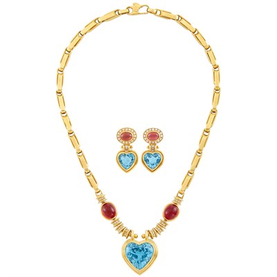 Lot 1134 - Gold, Blue Topaz, Cabochon Pink Tourmaline and Diamond Pendant-Necklace and Pair of Pendant-Earrings