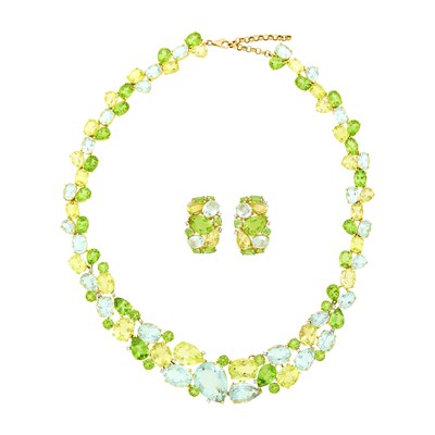 Lot 1023 - Gold and Colored Stone Necklace and Pair of Bombé Earrings
