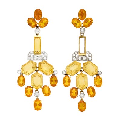 Lot 1120 - Pair of Two-Color Gold, Citrine and Diamond Pendant-Earrings