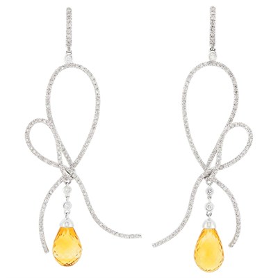 Lot 1099 - Pair of White Gold, Diamond and Citrine Briolette Pendant-Earrings