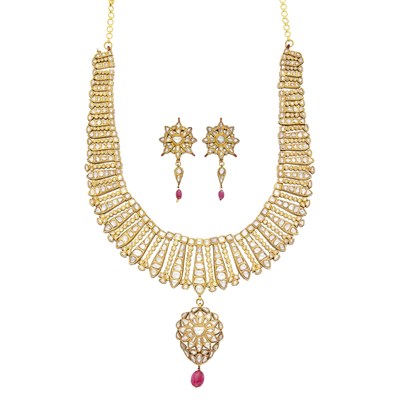 Lot 1062 - Indian Gold, Foil-Backed Diamond, Ruby Bead and Jaipur Enamel Necklace and Pair of Pendant-Earrings