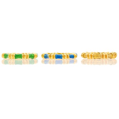 Lot 2065 - Tiffany & Co. Three Gold, Green and Blue Enamel Bamboo Band Rings
