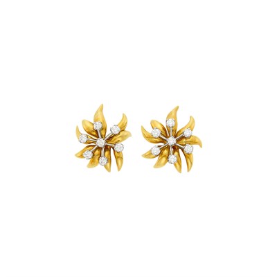 Lot 1133 - Tiffany & Co, Schlumberger Pair of Gold, Platinum and Diamond 'Flames' Earclips