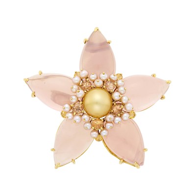 Lot 8 - Mish Gold, Rose Quartz, Golden Cultured and Pink Freshwater Pearl and Topaz 'Henderson' Star Pendant-Brooch