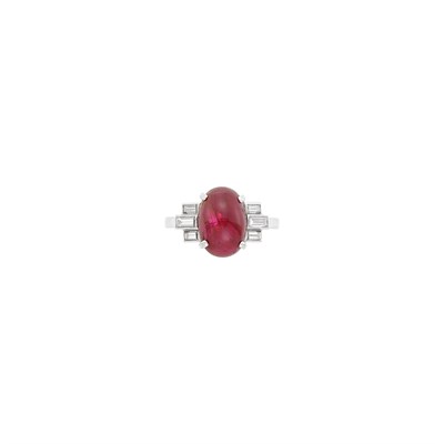 Lot 66 - Palladium, Cabochon Ruby and Diamond Ring